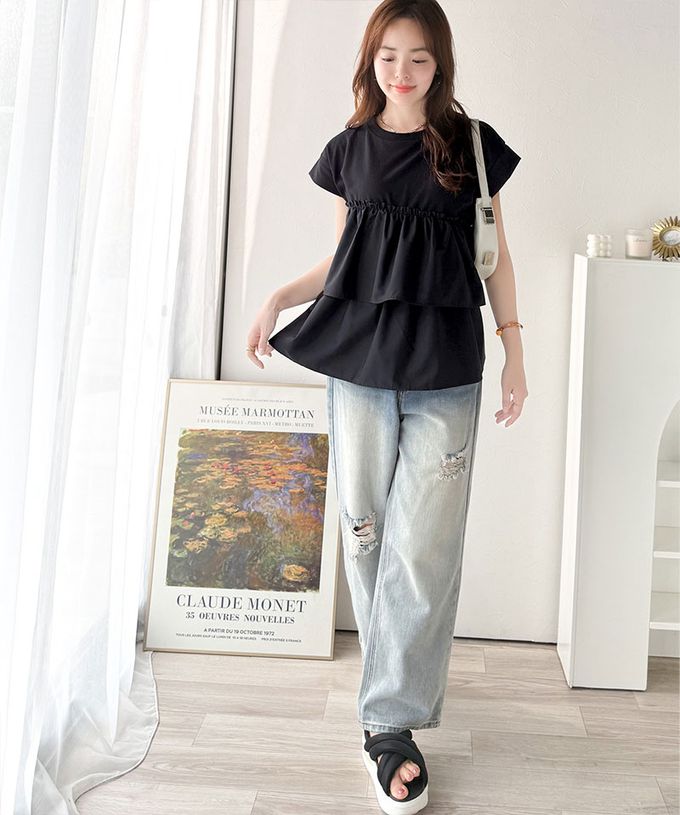 日本 Classical Elf - 浪漫不對稱拼接荷葉短袖上衣-炭灰