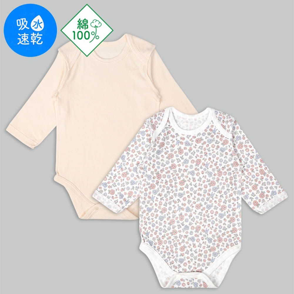 長袖包屁衣2件組-套頭式 小花-橘色