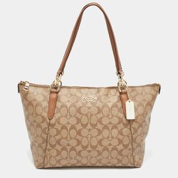 COACH - 滿版LOGO皮革托特包 (卡其駝色)