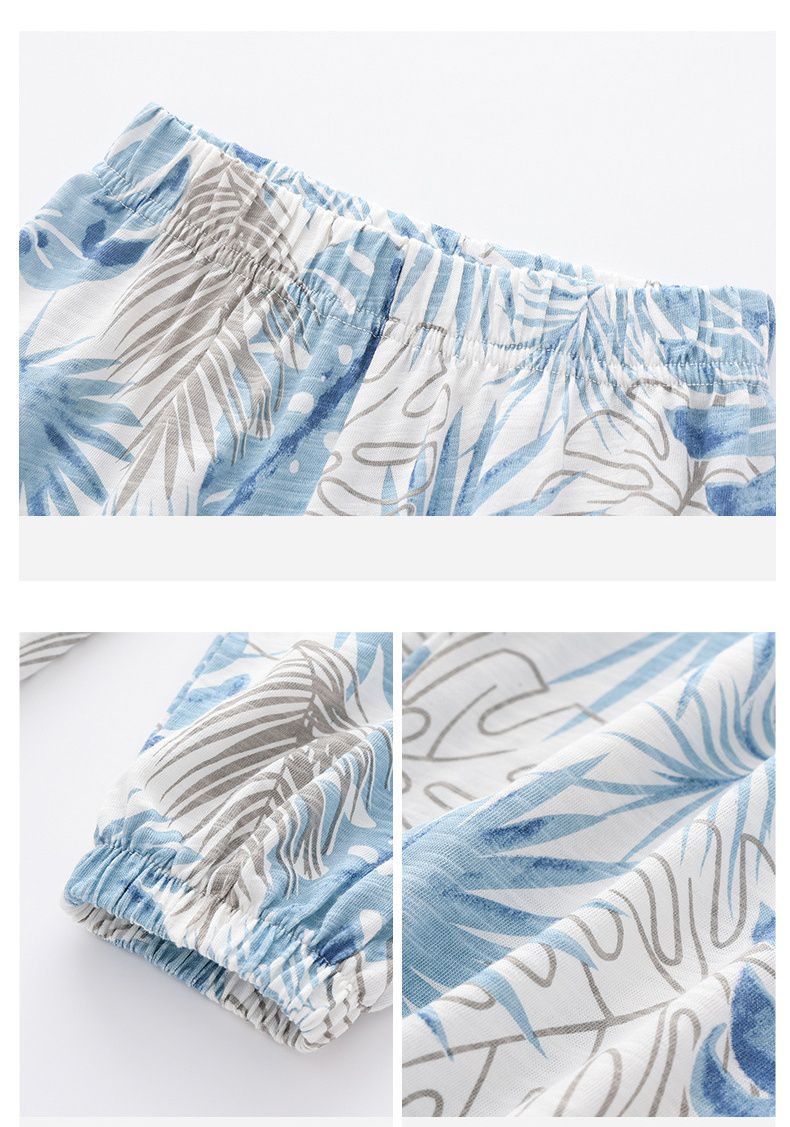 純棉束口長褲/防蚊褲-葉子-藍+白