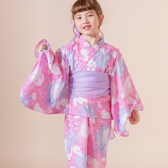 日本 Catherine Cottage - 夢幻2way純棉兵兒帶浴衣(可當洋裝)-波斯貓-桃粉