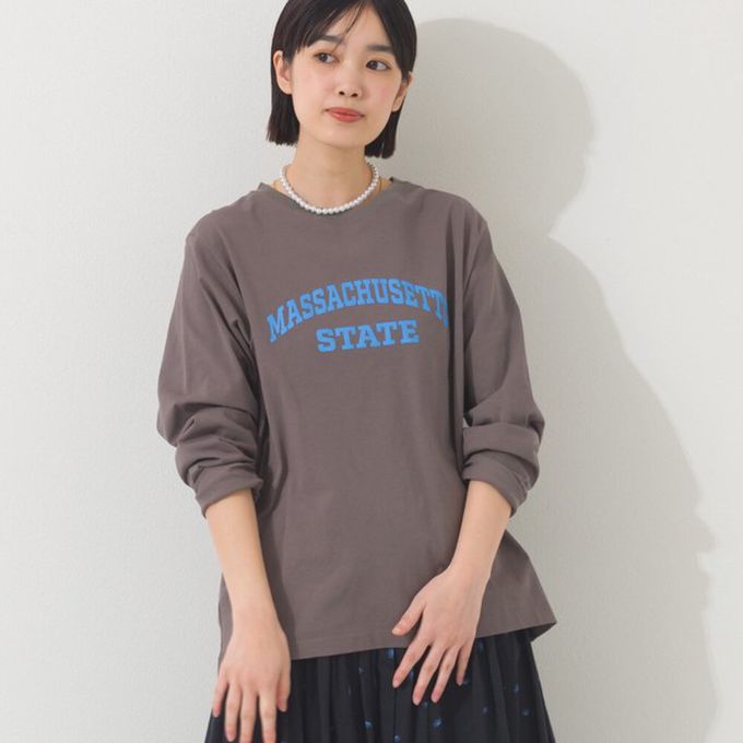 日本 OMNES - 100%棉 簡約英文標語長袖上衣-淺灰