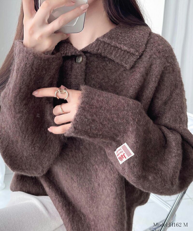 日本 Classical Elf - 毛茸茸排扣翻領寬鬆毛衣-深灰