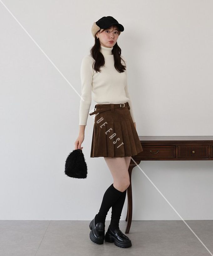 日本 BLUE EAST - 時髦麂皮百褶迷你短裙(附皮帶)-咖啡