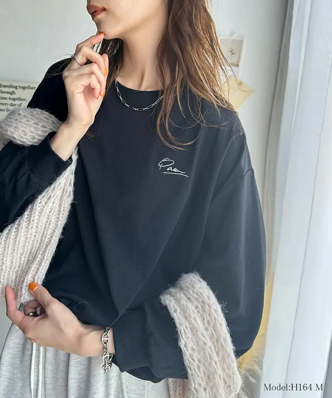 日本 Classical Elf - 胸口簡約刺繡純棉長袖上衣-燕麥