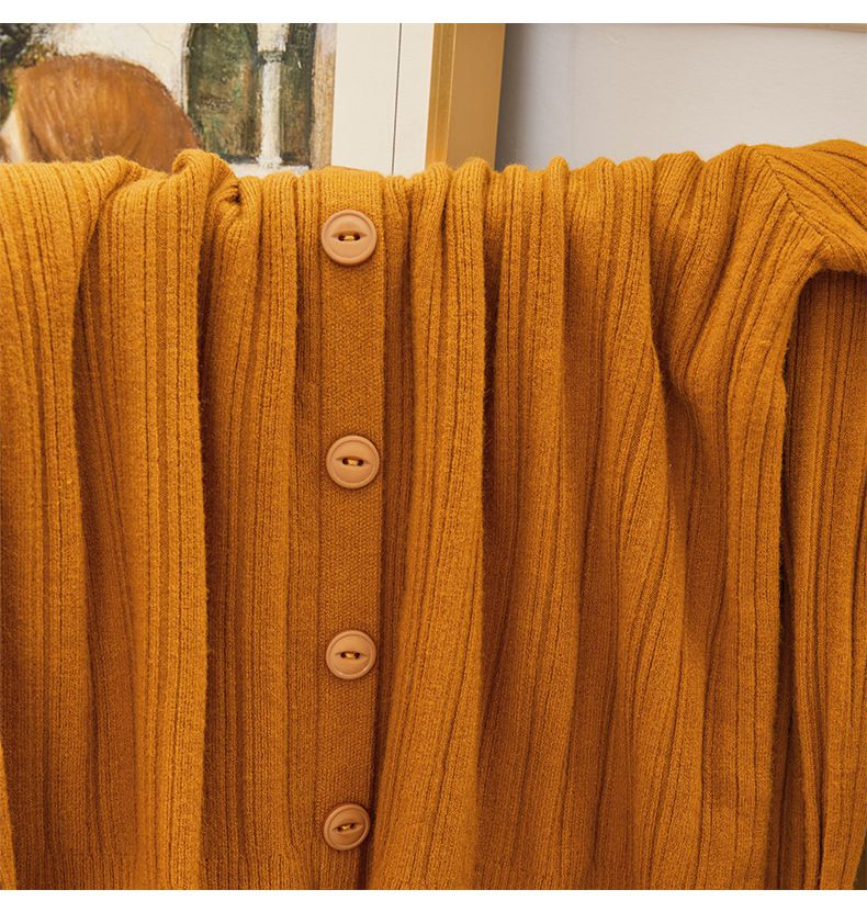 V領綁帶坑條長袖針織上衣-咖啡色