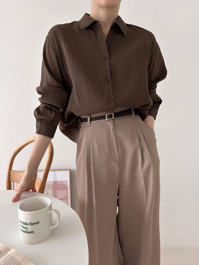 韓國女裝連線 - 質感薄透長袖翻領襯衫-白 (FREE)