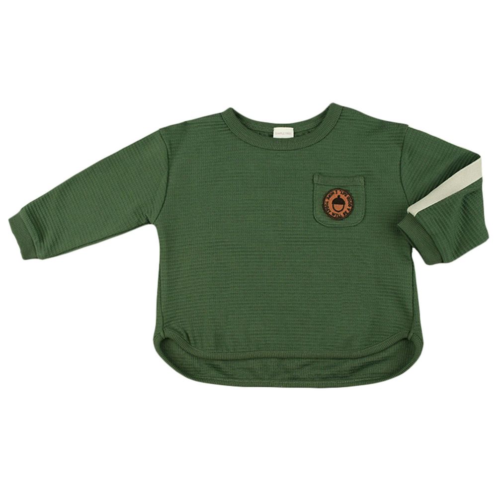 akachan honpo - 長袖口袋T恤-華夫格材質-軍綠色