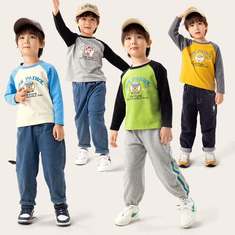 卡通汪汪隊純棉圓領長袖上衣-卡通人物小礫-黃+灰