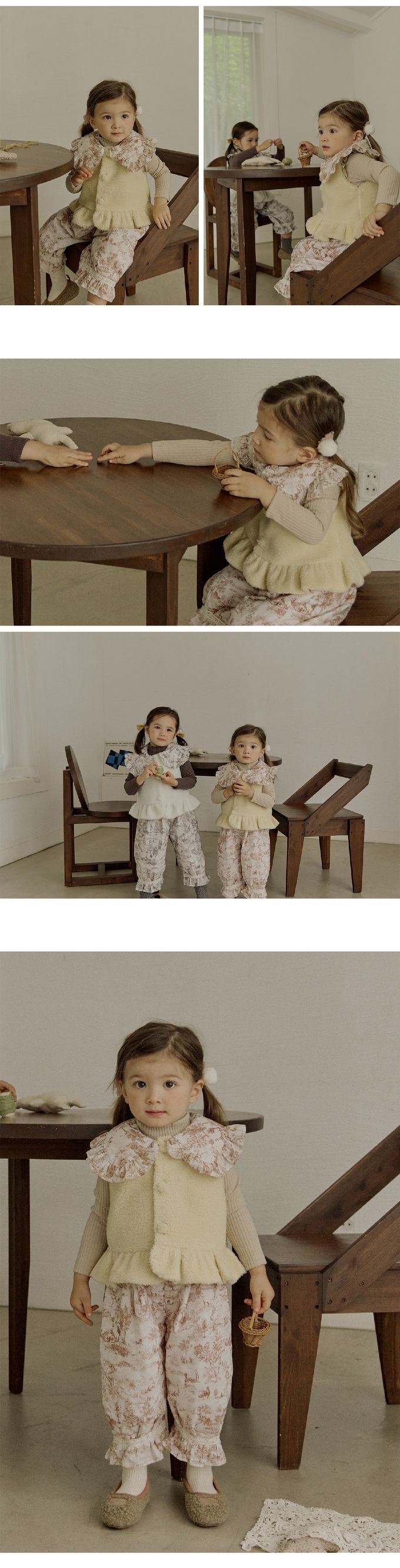 韓國 Puellaflo - 古典水墨印領裝飾毛絨背心-黃X咖啡