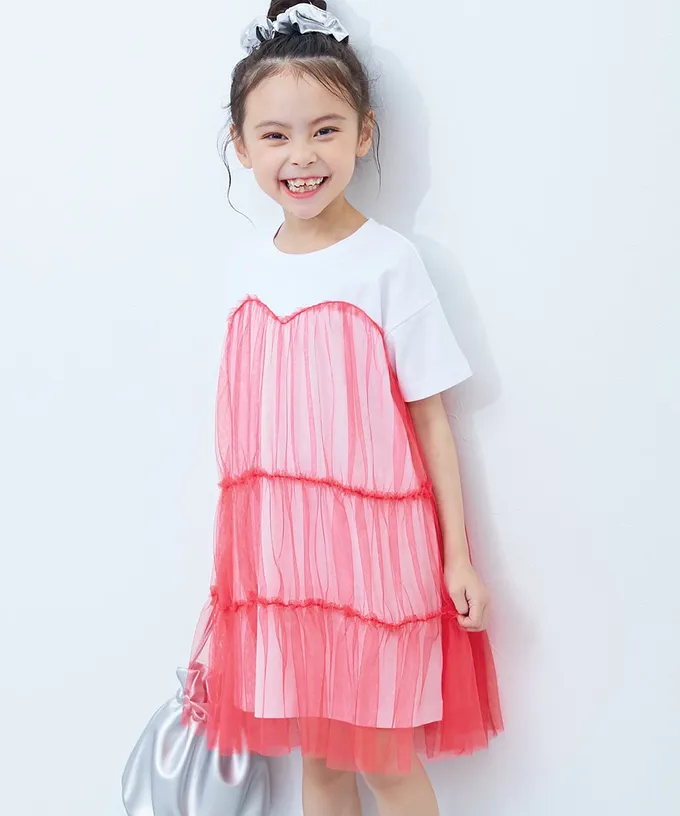 日本 devirock - 柔軟薄紗拼接甜美短袖洋裝-粉紫