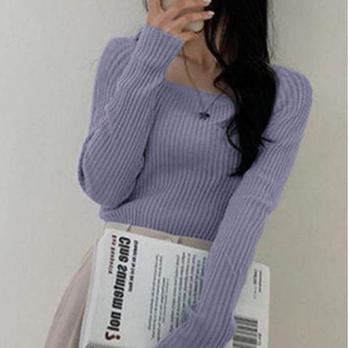 日本 GRL - 法式方領羅紋針織上衣-星塵藍