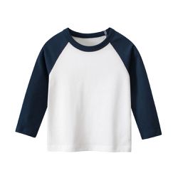 27KIDS - 純棉長袖上衣-百搭拼袖-米白+藏青