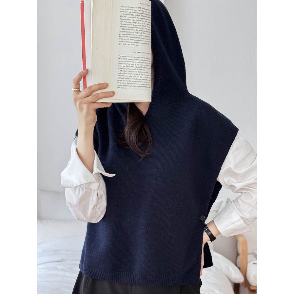 細緻喀什米爾羊毛連帽背心-海軍藍 (FREE)