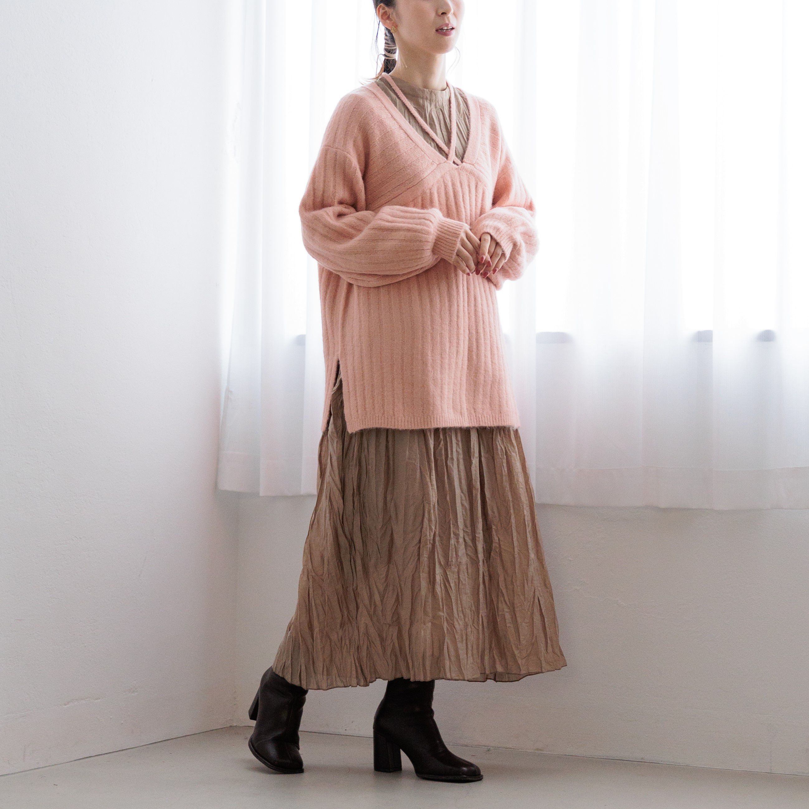 日本 ihuu - 特色綁帶V領針織毛衣-淺灰