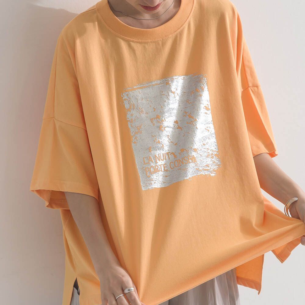 接觸冷感 金銀箔方塊印花T恤-橘