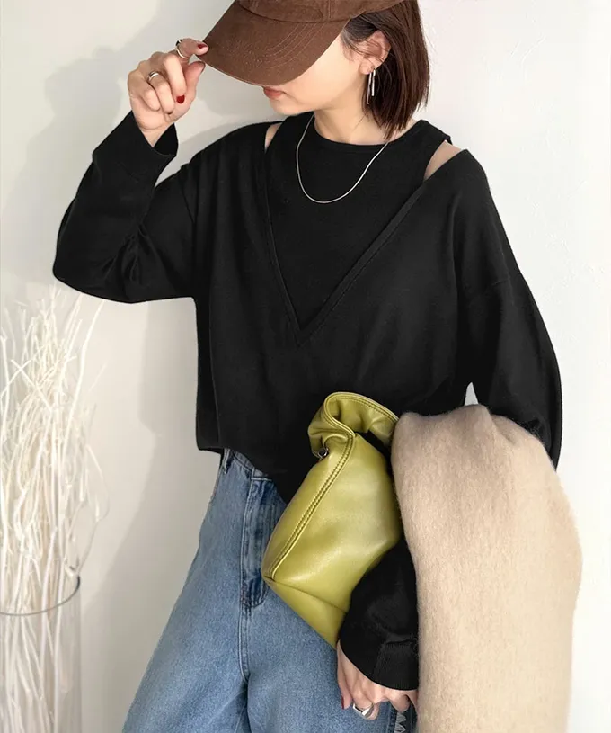 日本 Classical Elf - 假二件疊穿時尚露肩長袖上衣-象牙白