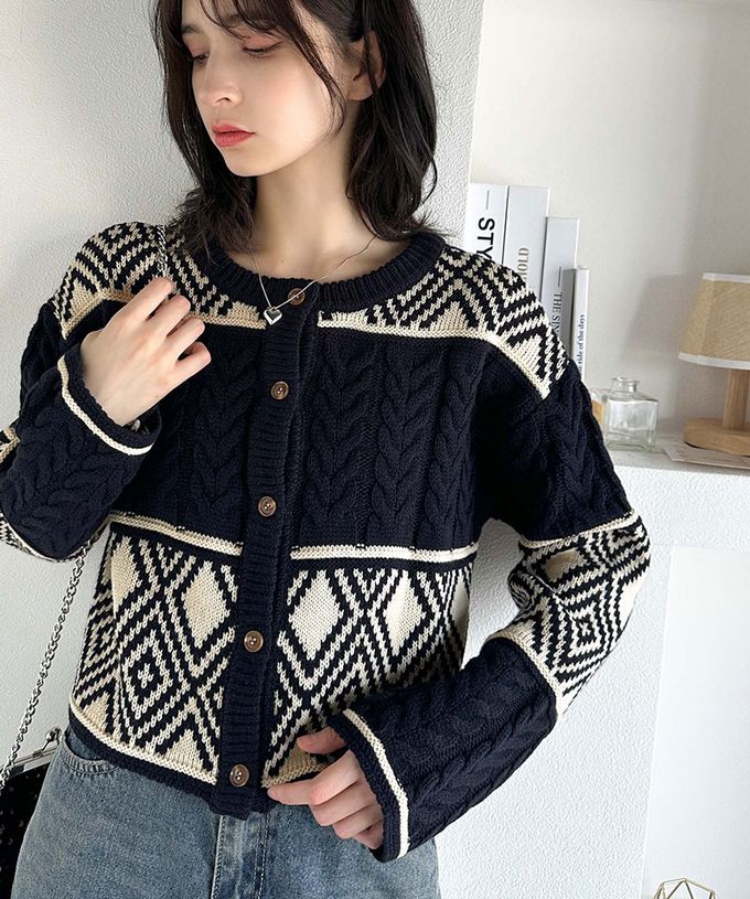 日本 Classical Elf - mily bilet 復古風北歐圖騰2way針織毛衣-海軍藍