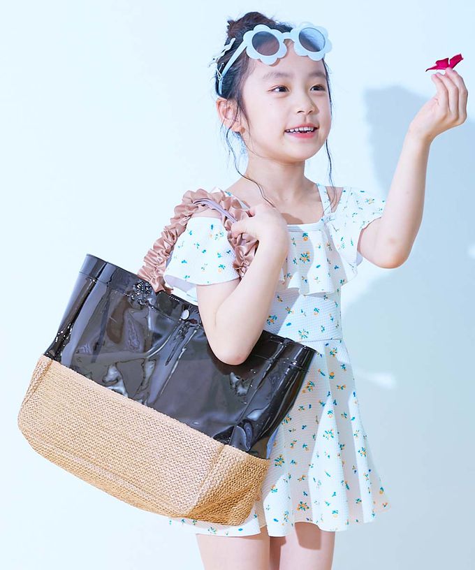 日本 devirock - 可愛荷葉邊大容量PVC防水游泳包-黑 (27.5x35x14cm)