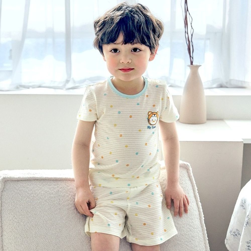 透氣條紋提花棉短袖家居服-點點老虎鴨-米黃