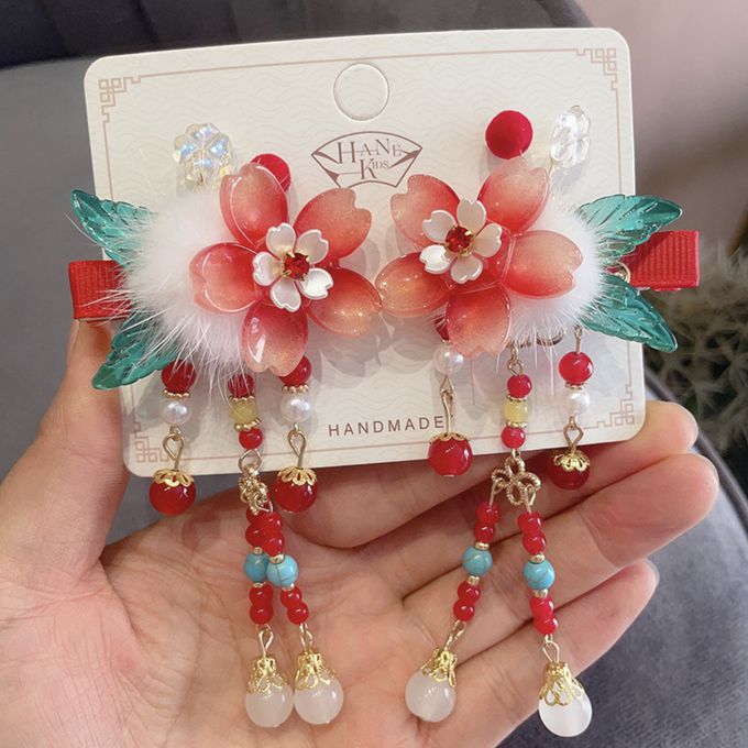 love, charlotte - 漢服玉面紅花綠葉白毛球流蘇吊墜髮飾對夾