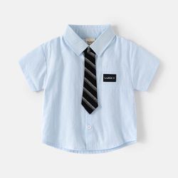 WELLKIDS - 純棉休閒翻領短袖襯衫-LUCKY(領帶可拆)-藍色