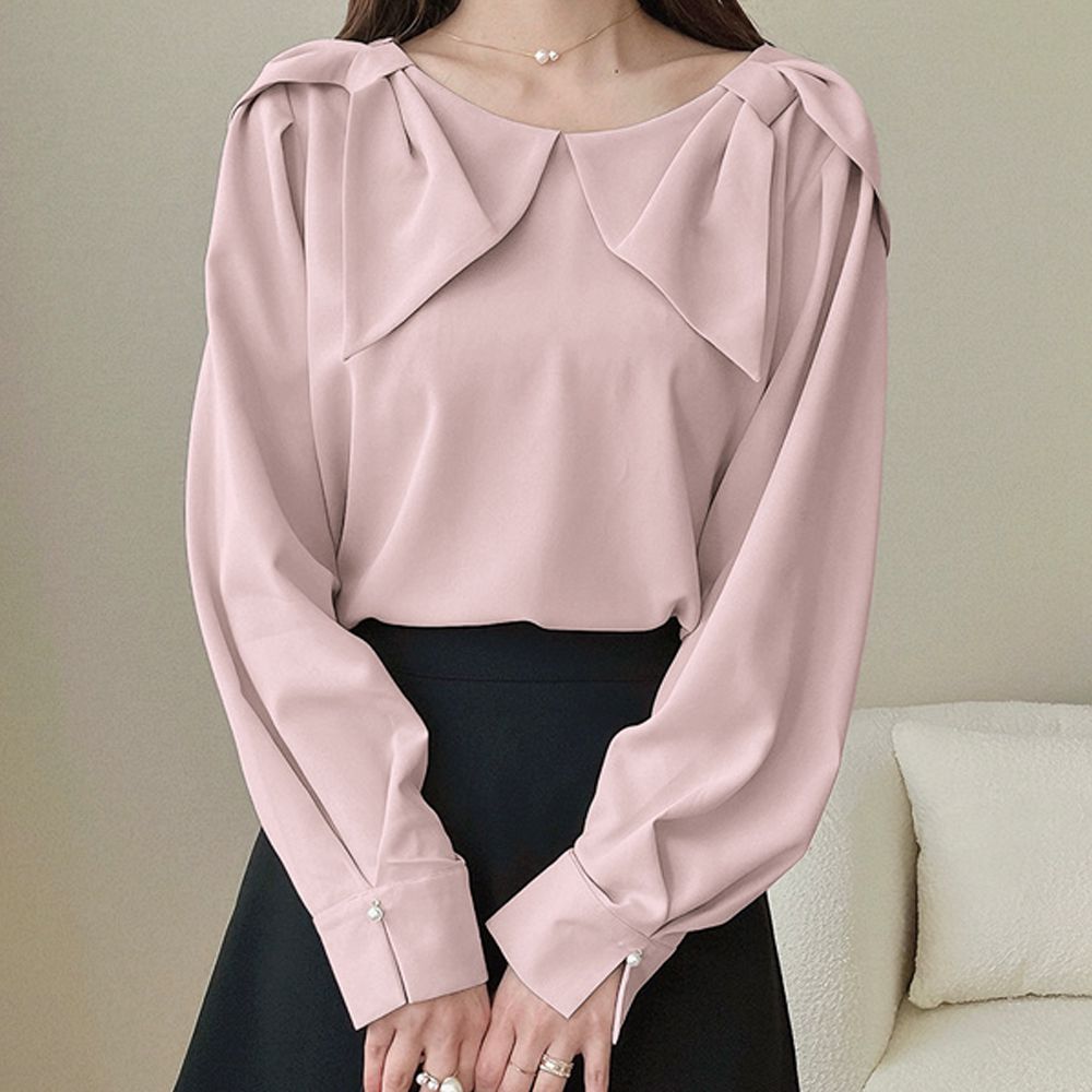 優雅滿分肩蝴蝶結長袖上衣-粉紅 (F)