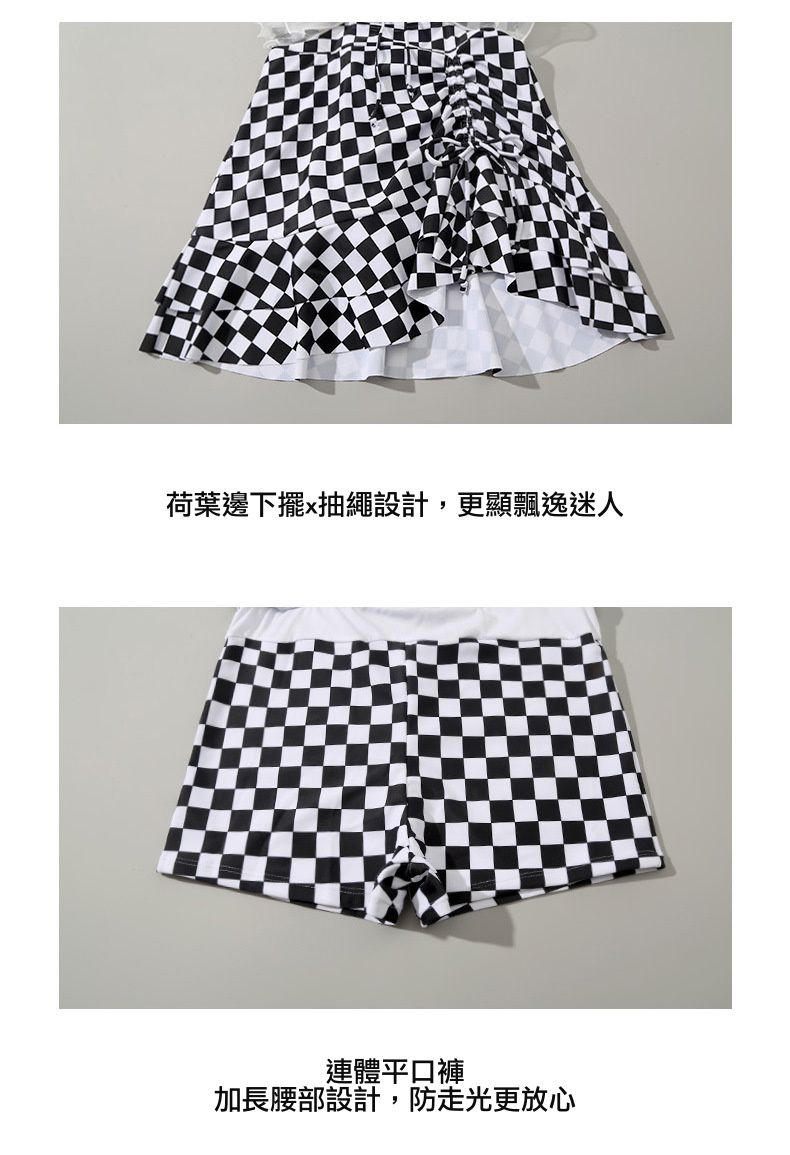 網紗荷葉格紋高腰連身泳衣-黑+白