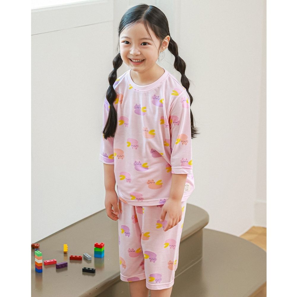 清涼嫘縈透氣7分袖家居服/睡衣-抽象貓咪插畫-粉