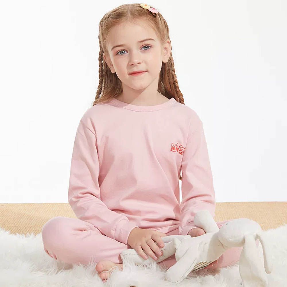 純棉圓領長袖家居服套裝/空調服-可愛動物-粉色