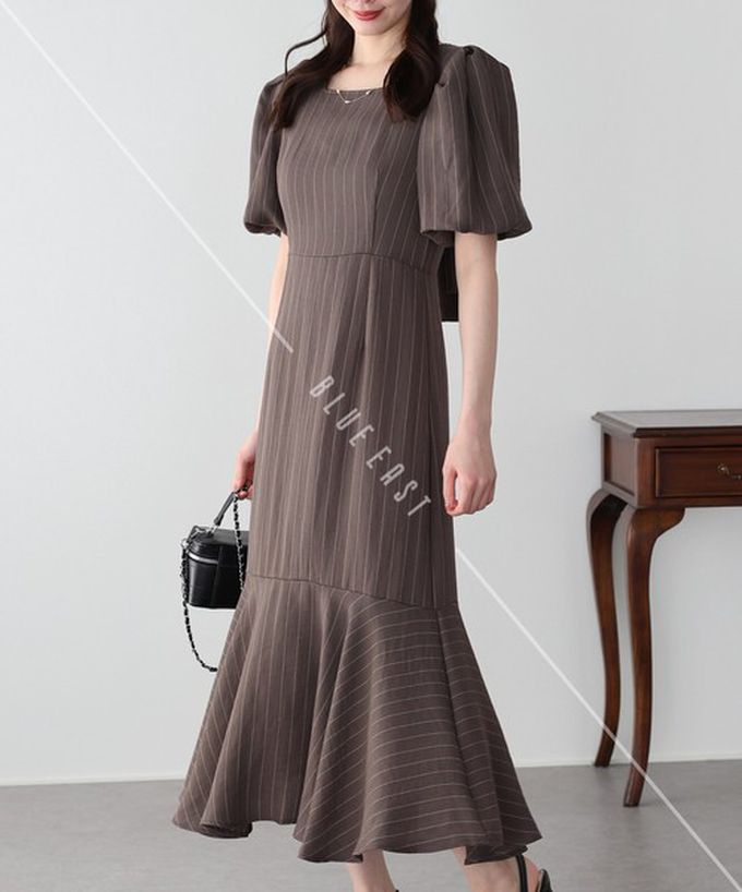 日本 BLUE EAST - 優雅方領後綁帶泡泡袖魚尾洋裝-波點-咖啡 (M)