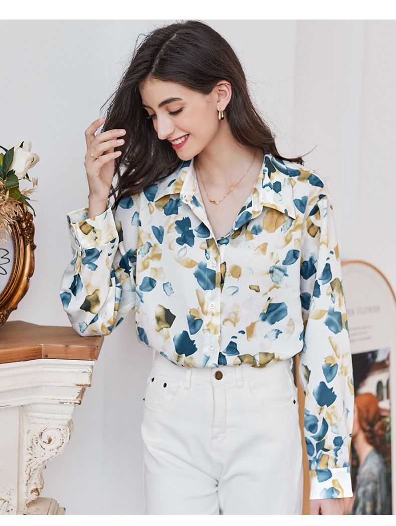 法式水墨印花長袖襯衫-藍色