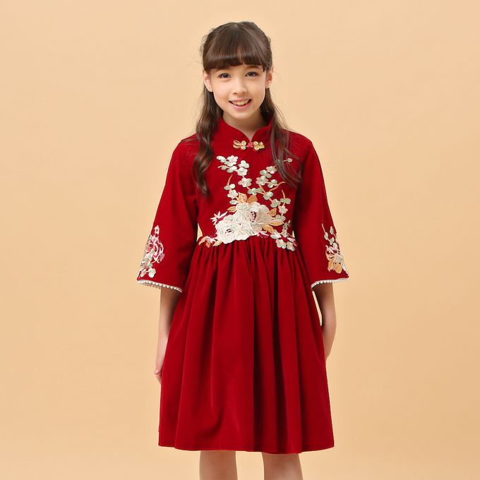 love, charlotte - 氣質中式繡花旗袍領絨面拜年洋裝禮服