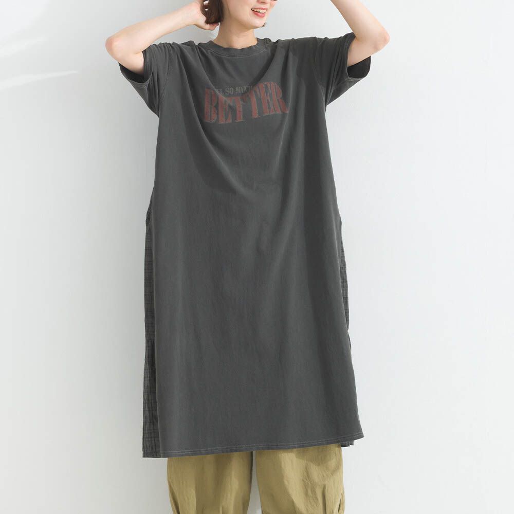 復古寬鬆格紋拼接短袖洋裝-BETTER-炭黑