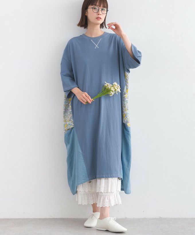 日本 Lupilien - 異素材花朵拼布清新五分袖洋裝-黑