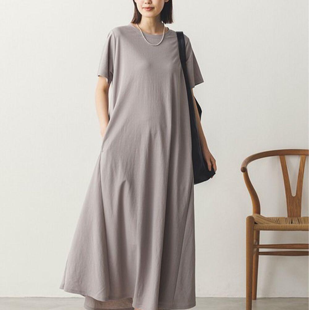 接觸涼感 嫘縈傘擺素色短袖洋裝-淺灰棕