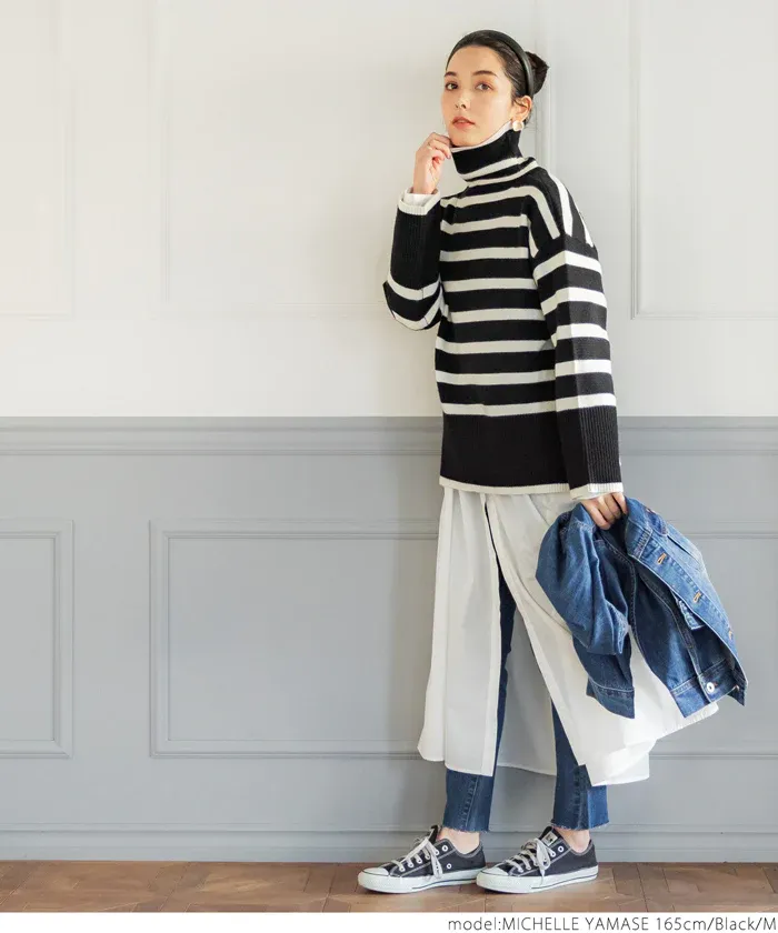 日本 COCA - 時尚條紋針織高領毛衣-白x黑