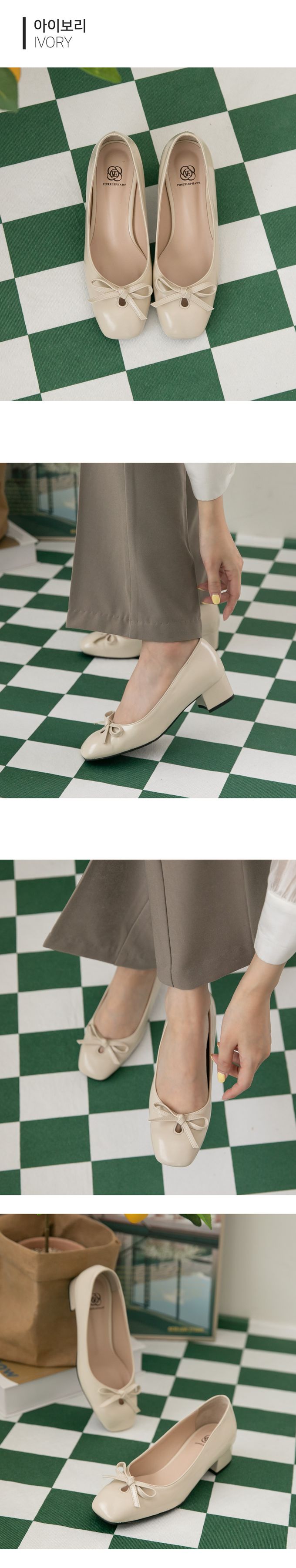 韓國 PINKELEPHANT - 蝴蝶結淺口輕便跟鞋(4cm)-象牙白