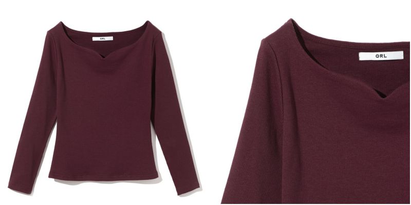 日本 GRL - 花朵領口修身長袖上衣-波爾多酒紅