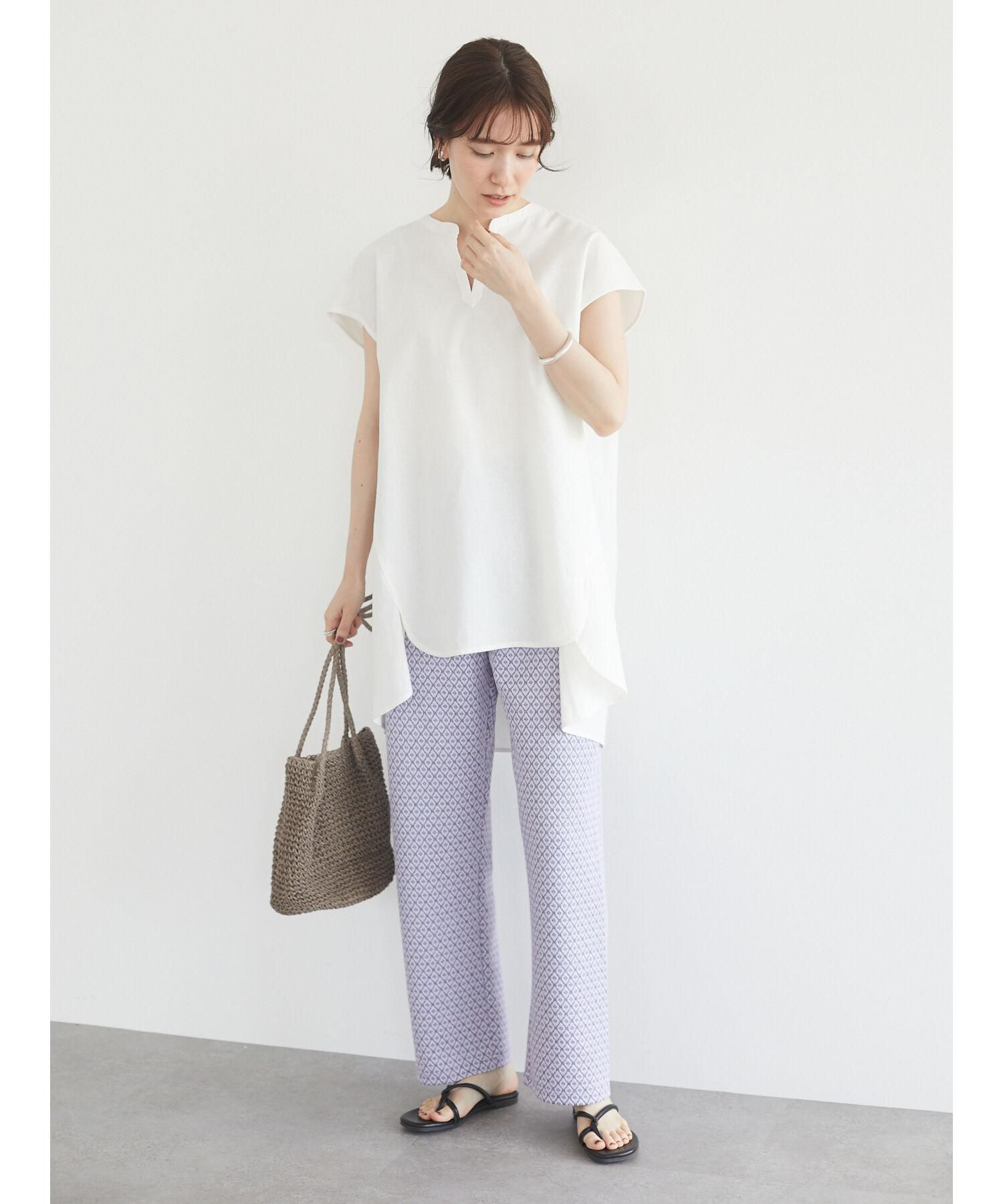 日本 ELENCARE DUE - 滿版幾何綁帶寬褲-米