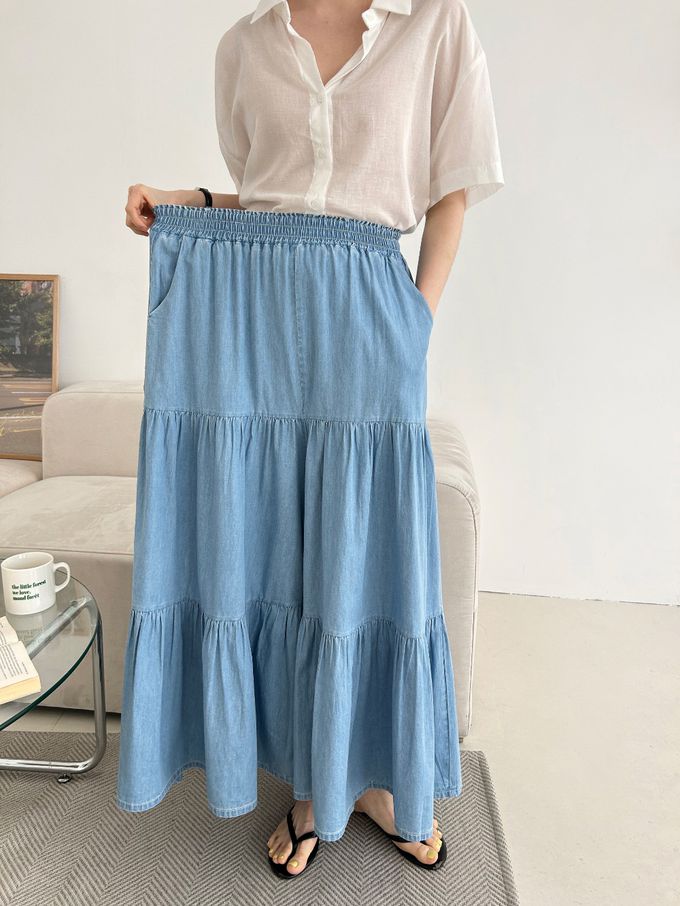 韓國女裝連線 - 鬆緊腰薄丹寧蛋糕長寬褲-中青 (FREE)