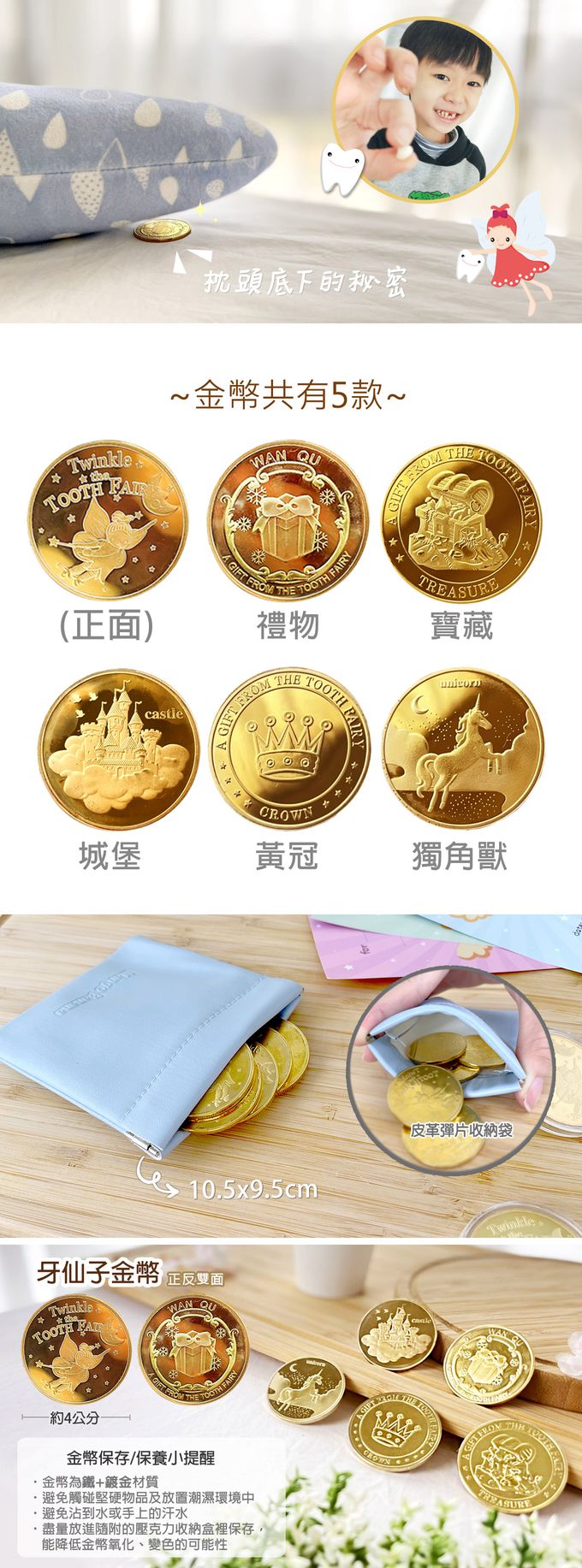 MangoBanana - 牙仙子收藏金幣5入組(藍袋款)-綜合(皇冠、禮物、獨角獸、城堡、寶藏 各一)-贈牙仙子金幣蒐集卡-藍