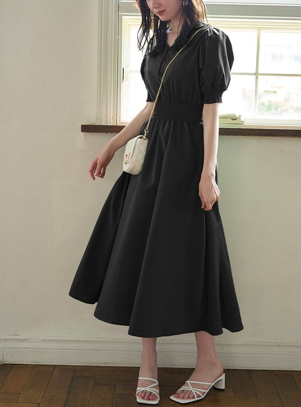 日本 GRL - 復古V領縮腰泡泡袖洋裝-簡約黑