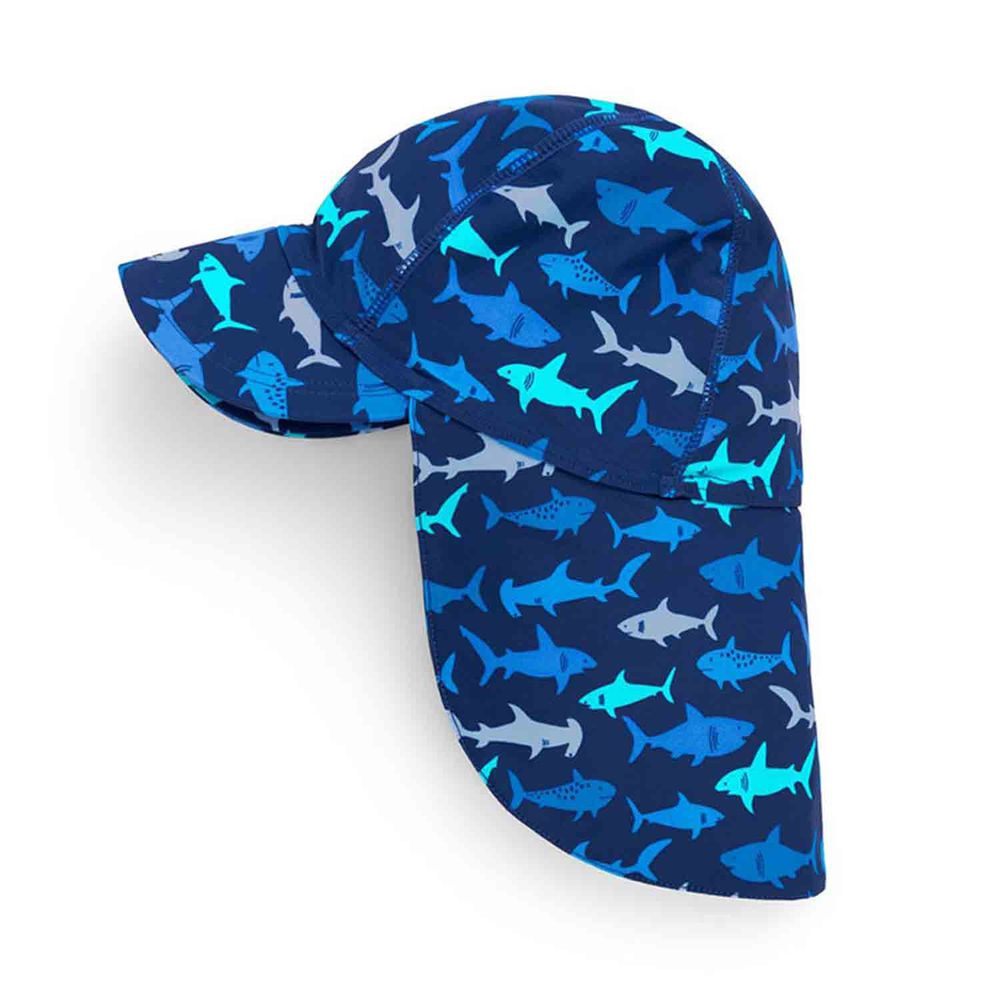 英國 JoJo Maman BeBe - 嬰幼兒/兒童泳裝戲水UPF50+防曬護頸遮陽帽-藍鯊