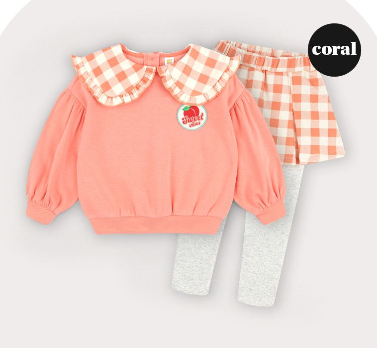 韓國 HEJMINI - (內刷毛)蘋果徽章荷葉領格子裙套裝-蜜桃粉