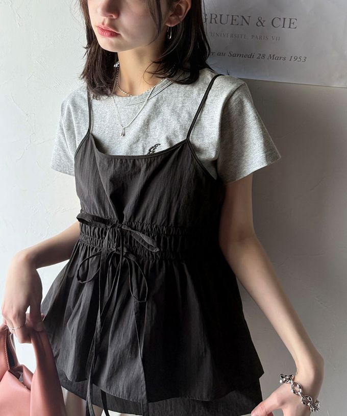 日本 Classical Elf - 俏麗荷葉細肩帶+月亮短袖T恤(2件組)-灰