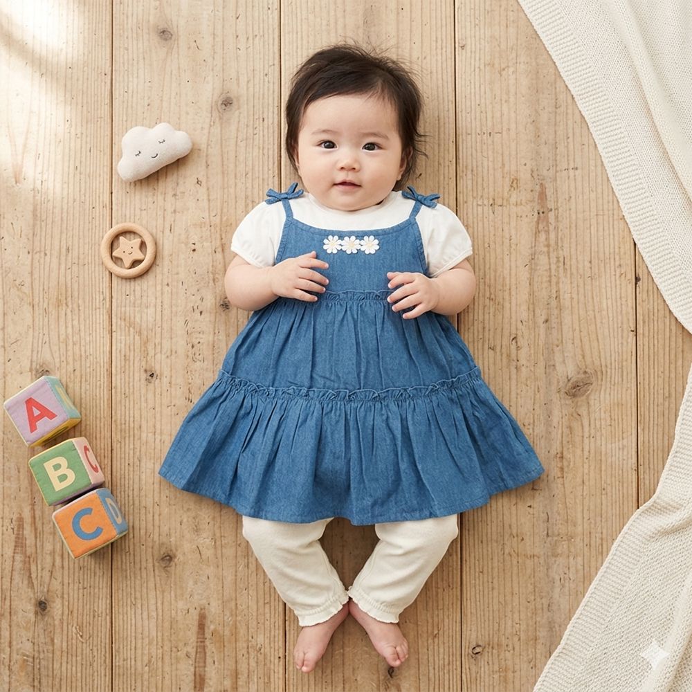 短袖假兩件洋裝-藍色