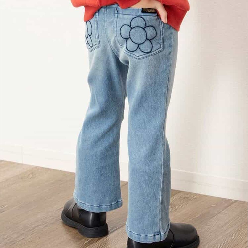 花朵口袋內刷毛美型小喇叭長褲-淺藍