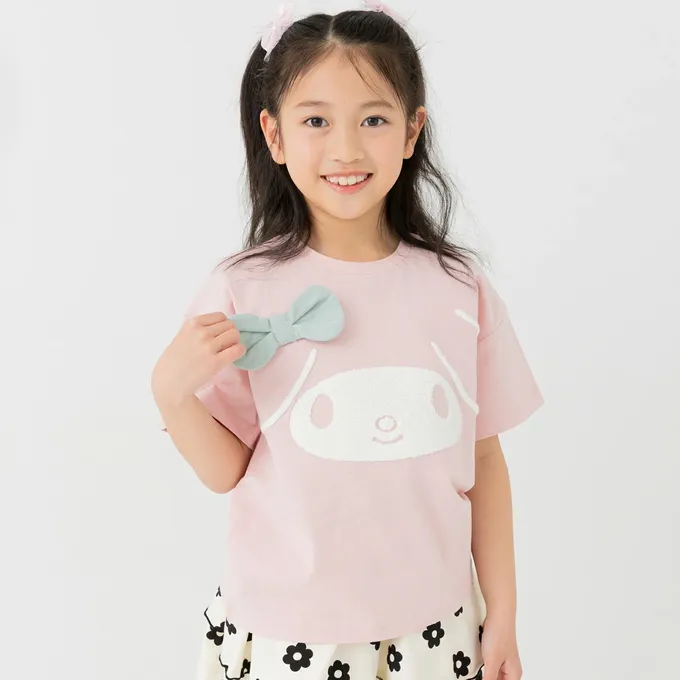 日本 Chil2 - 100%棉 可愛聯名立體印花短袖上衣-可愛大臉-粉紅