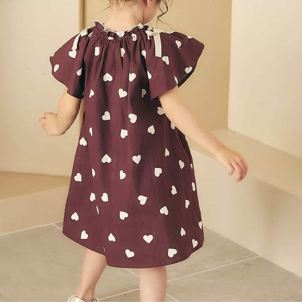 夏日蝴蝶結澎澎短袖洋裝-愛心-咖啡